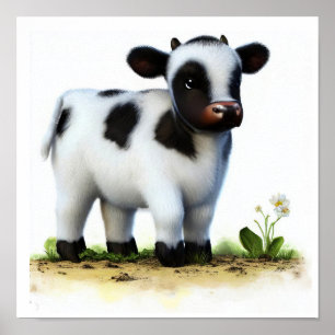 Póster Una acuarela 3D imagen de una joven vaca de Holste