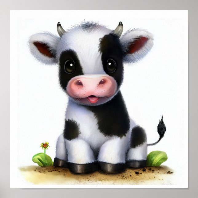Póster Una acuarela 3D imagen de una joven vaca de Holste (Frente)
