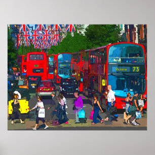 Póster Una ajetreada calle Oxford con compradores y autob