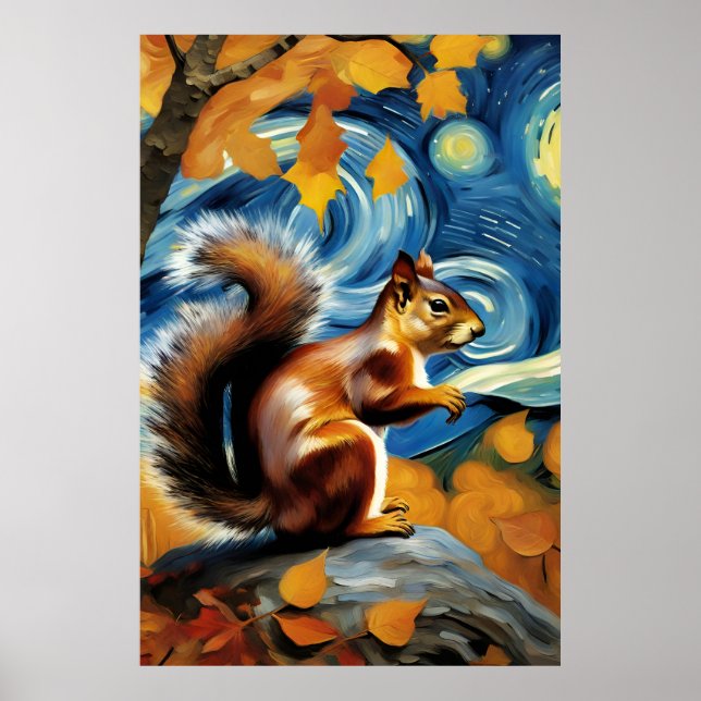 Póster una ardilla adorable en una noche estrellada (Frente)
