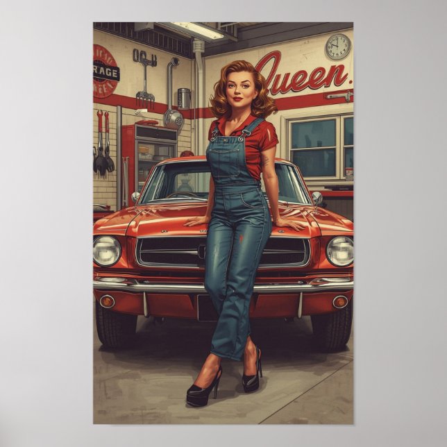 Póster Una audaz ilustración retro de pin-up con un mecán (Frente)