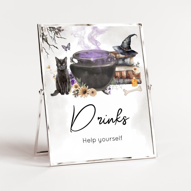 Póster Una Bebé se está Elaborando Letrero de Bebidas par (Purple Witch Cauldron Baby Shower Drinks Sign)