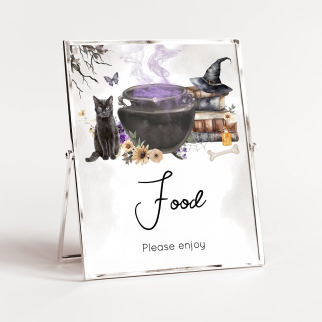 Póster Una Bebé se está Elaborando Letrero de Comida de B (Purple Witch Cauldron Baby Shower Food Sign)