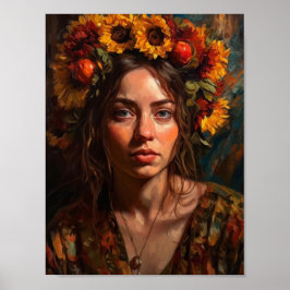Póster Una bella mujer con girasoles en el pelo