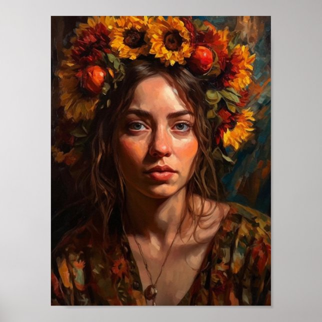 Póster Una bella mujer con girasoles en el pelo (Frente)
