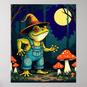 Póster Una bruja sapo familiar buscando setas de noche