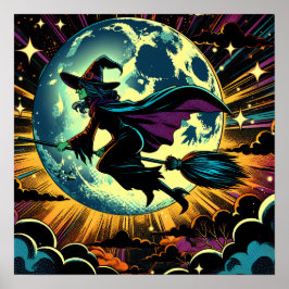 Póster Una Bruja y una fiesta de Halloween con luna llena