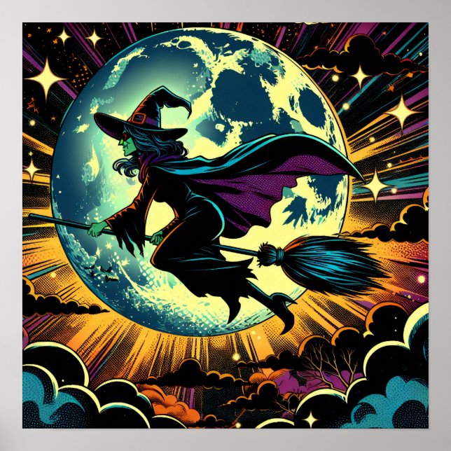 Póster Una Bruja y una fiesta de Halloween con luna llena (Frente)