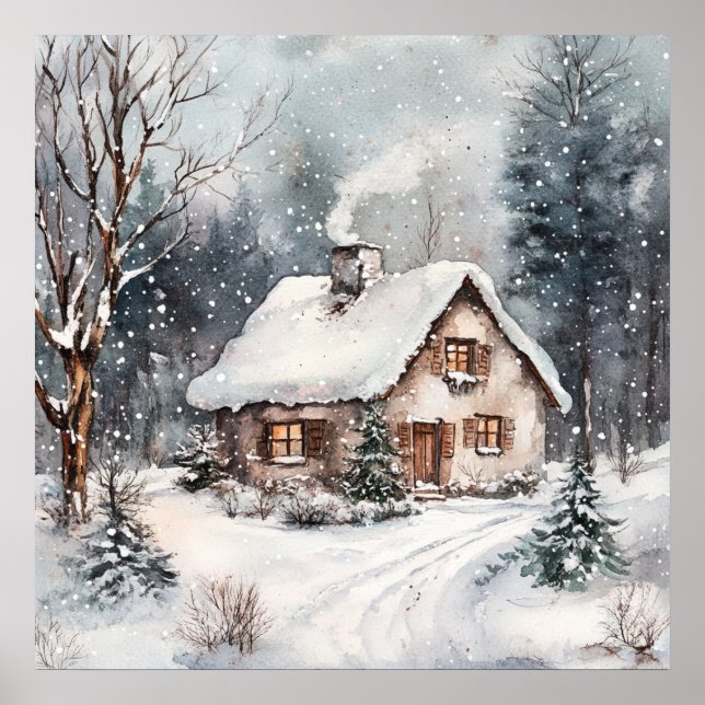 Póster Una cabaña acogedora en invierno (Frente)