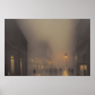 Póster Una calle en París neblina lámparas de calle de in