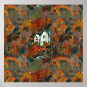 Póster Una Casa Blanca y árboles otoñales