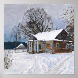 Póster Una casa de campo al anochecer en invierno