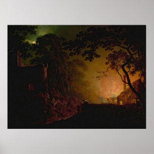 Póster Una casa de campo en llamas por la noche Joseph Wr