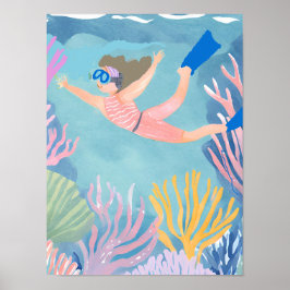 Póster Una chica haciendo snorkel en el arrecife