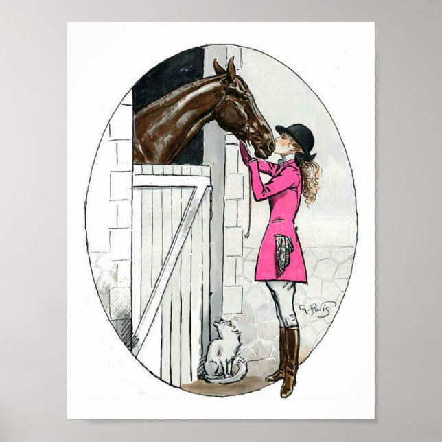 Póster Una chica y su caballo abrigo rosa (Frente)
