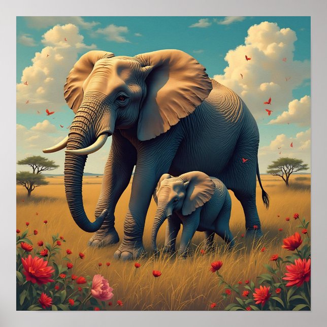 Póster Una dulce mamá sensorial y un elefante bebé (Frente)