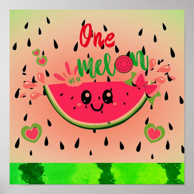 Póster Una En Un Melón Melón Semilla Pastel Rosa Verde (Frente)