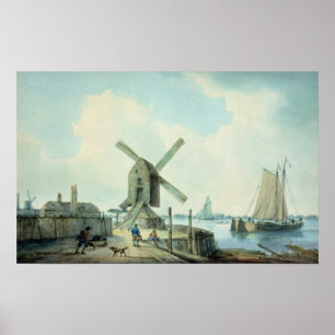 Póster Una escena costera con molinos de viento y envío