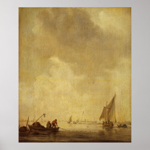 Póster Una escena del río, con los pescadores poniendo