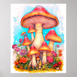 Póster Una familia de hongos fondo blanco en una pared