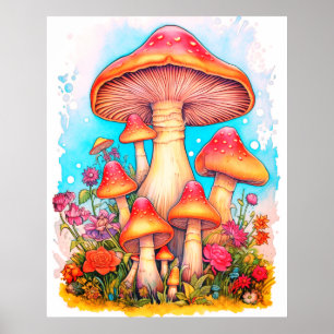 Póster Una familia de hongos fondo blanco en una pared