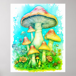 Póster Una familia de hongos verdes Fondo blanco pared