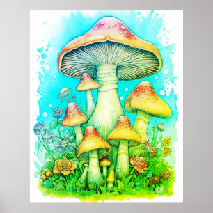 Póster Una familia de hongos verdes Fondo blanco pared