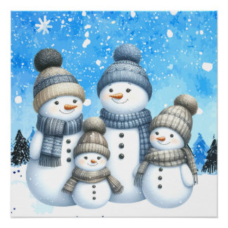 Póster Una familia de muñecos de nieve en la nieve