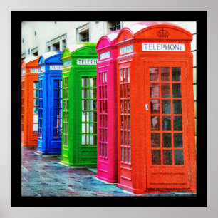 Póster Una fila de cajas telefónicas de colores vivos