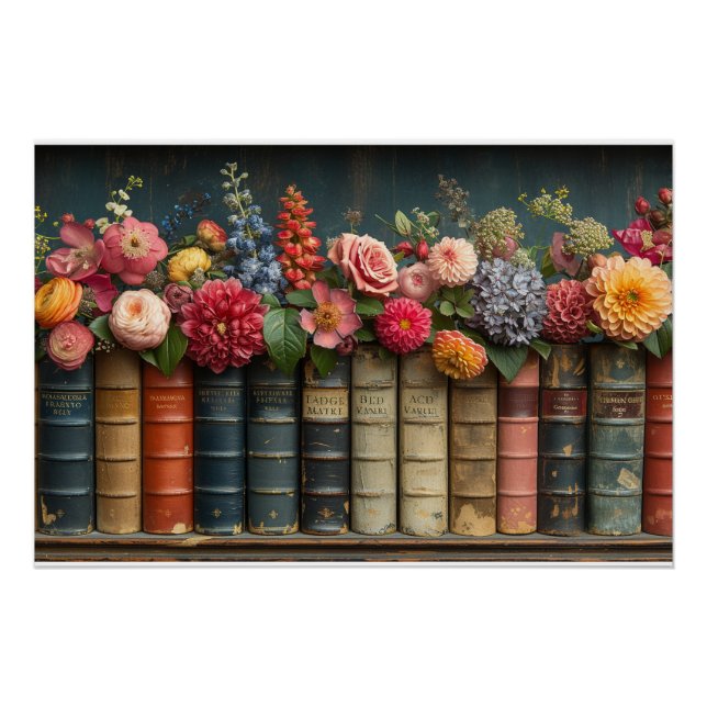 Póster Una fila de libros y flores (Anverso)