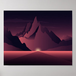 Póster Una ilustración de una puesta de sol en la montaña