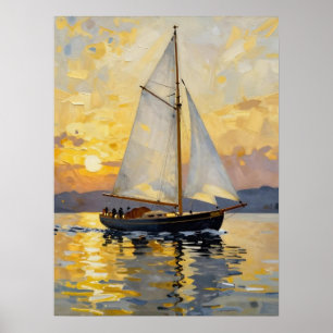Póster Una ilustración en impasto de un velero al atardec