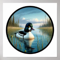 Una imagen 3D circular de un pato de ojo dorado co
