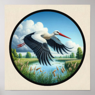 Póster Una imagen 3D circular de una hermosa cigüeña blan