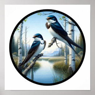 Póster Una imagen circular en 3D de 2 golondrinas de árbo
