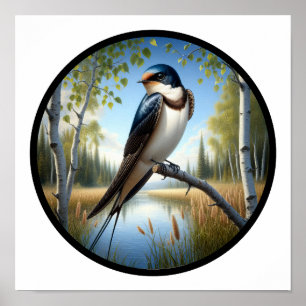 Póster Una imagen circular en 3D de una golondrina percha