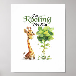 Póster Una jirafa pequeña y linda con el árbol, apoyando