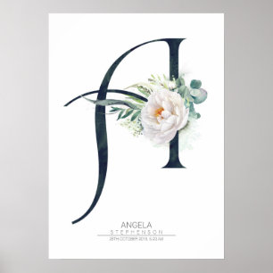 Póster Una letra monograma flores blancas y follaje