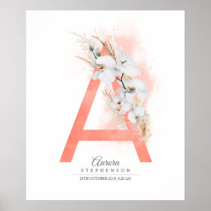 Póster Una letra orquídeas blancas monogramo y pampas