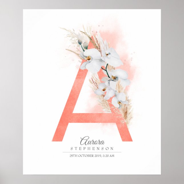 Póster Una letra orquídeas blancas monogramo y pampas (Frente)