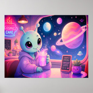 Póster Una linda chica alienígena bebiendo refresco en la