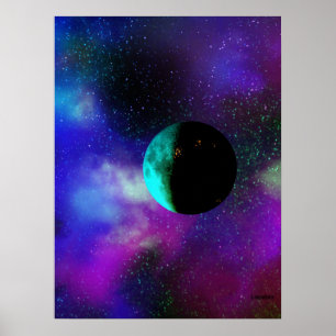 Póster Una luna habitada entre las estrellas moradas verd