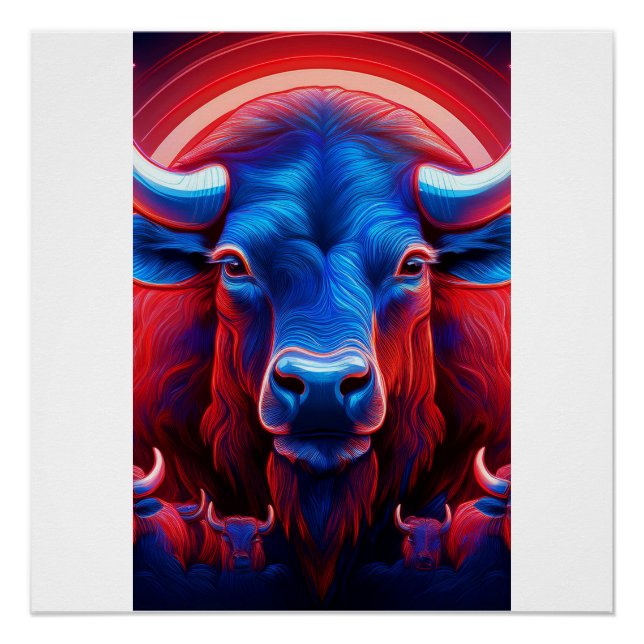 Póster Una Manada De Buffaloes Rojos Blancos Y Azules (Anverso)