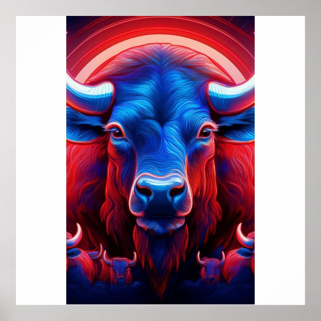 Póster Una Manada De Buffaloes Rojos Blancos Y Azules (Frente)