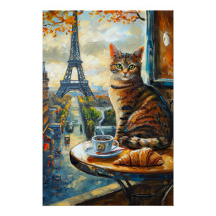Póster Una mañana en París Gato atigrado en un café