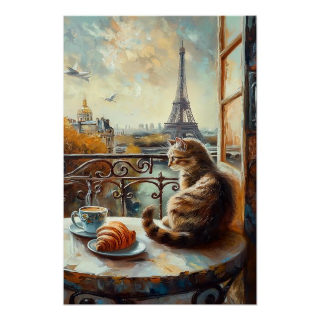 Póster Una mañana en París | Gato de jengibre en un café (Anverso)