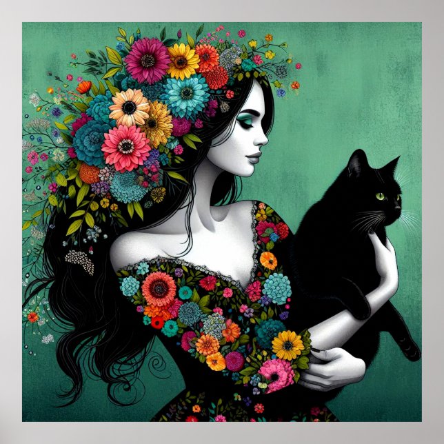 Póster Una mujer con un vestido de flores sostiene a un P (Frente)