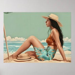 Póster Una Mujer De Bonito Vintage Se Sentó En La Arena D