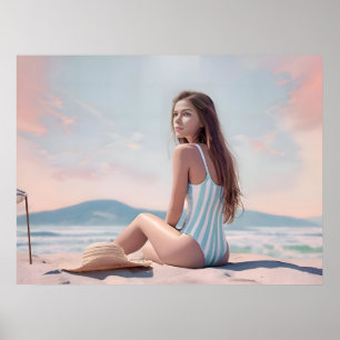 Póster Una Mujer De Bonito Vintage Se Sentó En La Arena D