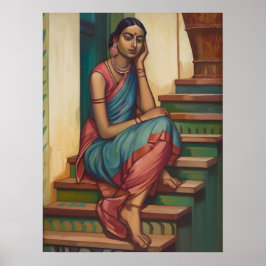 Póster Una mujer de la India preocupada por sus pensamien